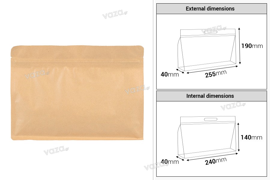 Doy Pack type kraft bags 255x40x190 mm with zip closure and heat sealable - 50 pcs