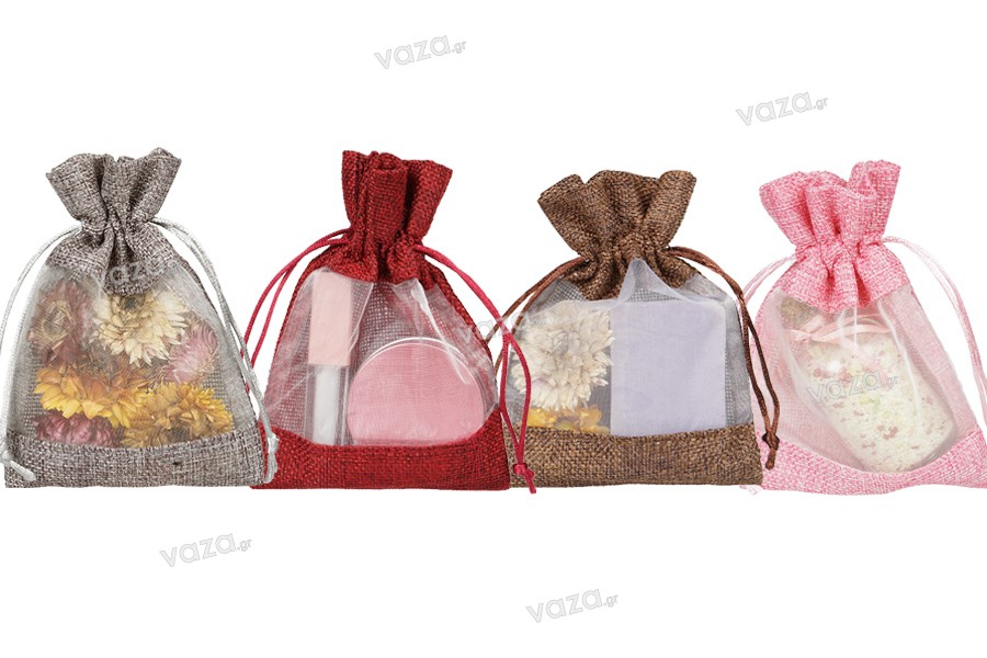 Linen pouch 100x140 mm with window (tulle) in various colors - 50 pcs