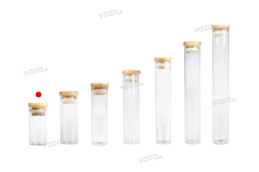 Transparent glass tube 30 ml with bamboo cap and rubber - 6 pcs