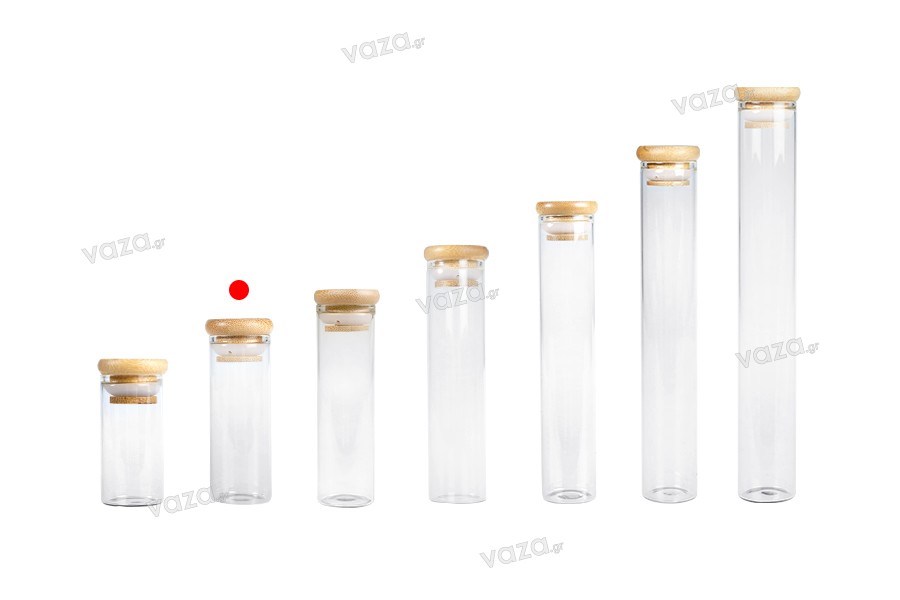 Transparent glass tube 40 ml with bamboo cap and rubber - 6 pcs