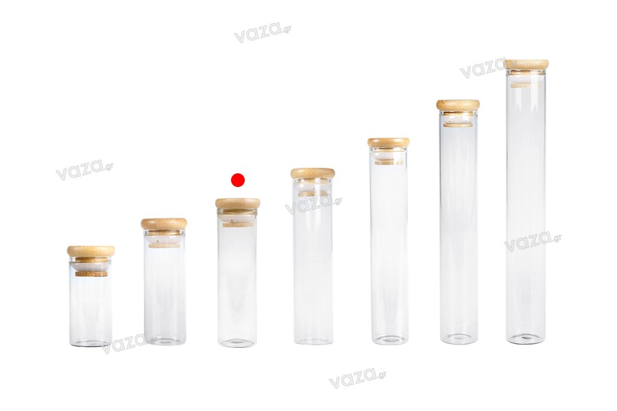 Transparent glass tube 50 ml with bamboo cap and rubber - 6 pcs
