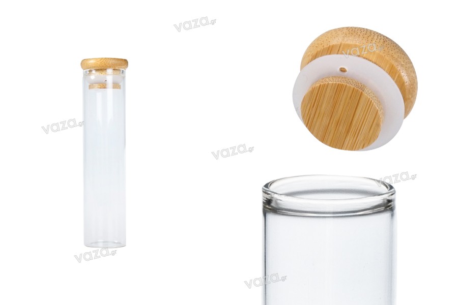 Transparente Glastube 65 ml mit Bambuskappe und Gummi – 6 Stück