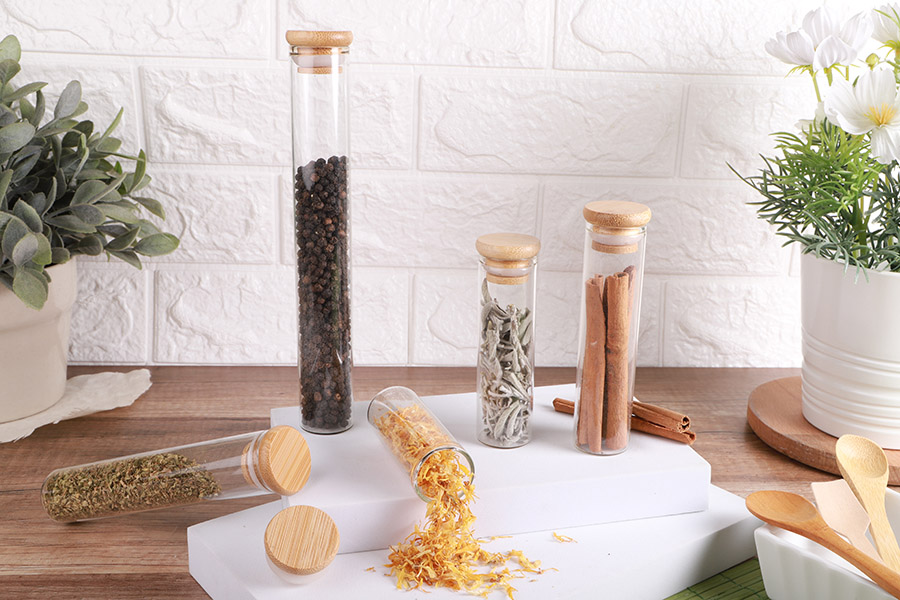 Γυάλινος διάφανος σωλήνας 100 ml με bamboo καπάκι και λάστιχο - 6 τμχ
