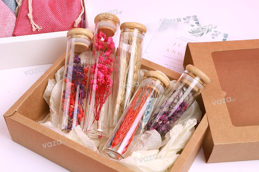 Transparent glass tube 65 ml with bamboo cap and rubber - 6 pcs