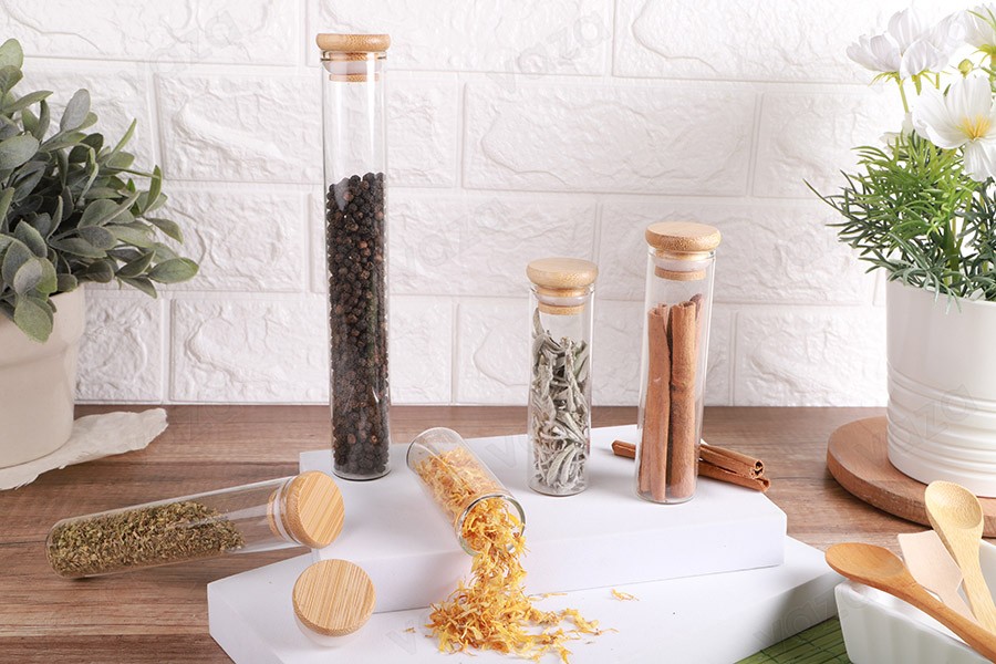 Tube en verre transparent 110 ml avec bouchon en bambou et caoutchouc - 6 pcs-εικόνα_σύνθεση