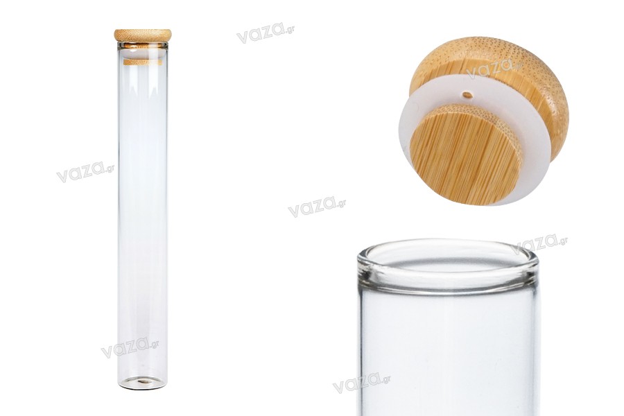 Tube en verre transparent 110 ml avec bouchon en bambou et caoutchouc - 6 pcs