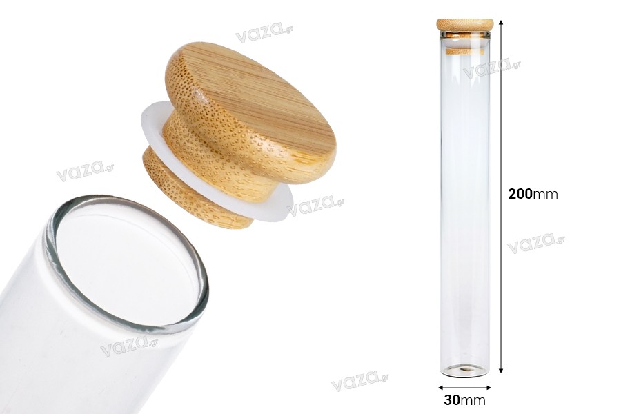 Tube en verre transparent 110 ml avec bouchon en bambou et caoutchouc - 6 pcs