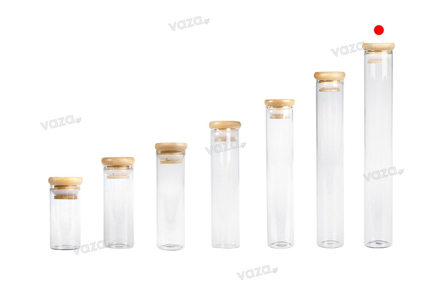 Transparent glass tube 110 ml with bamboo cap and rubber - 6 pcs
