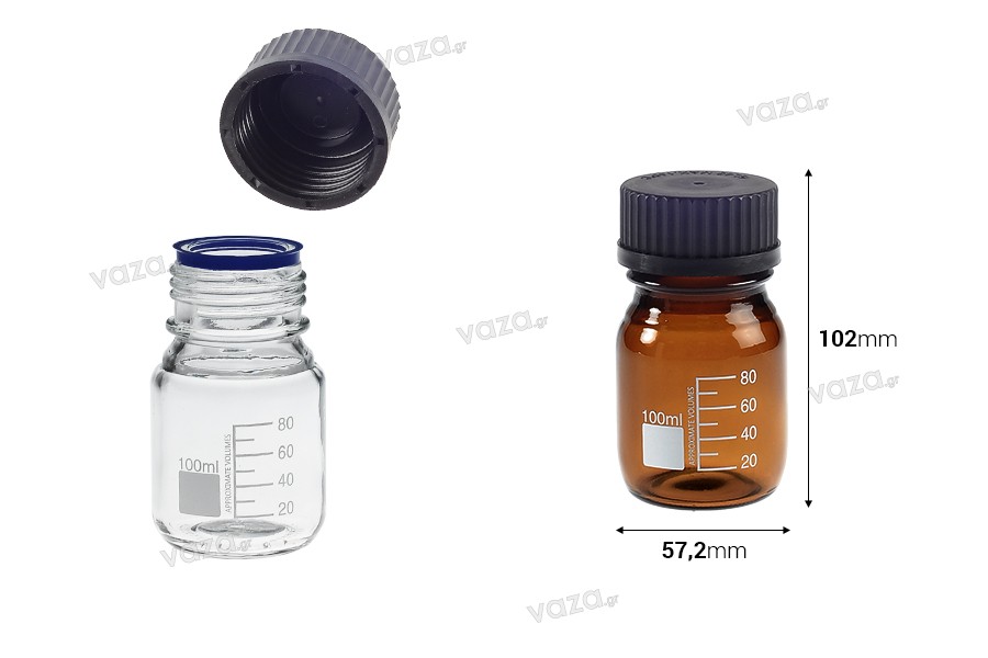 Γυάλινο μπουκάλι 100 ml με διαβάθμιση και μαύρο πλαστικό καπάκι