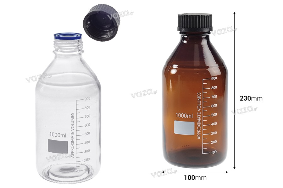 Glass graduated bottle 1000 ml with black plastic cap