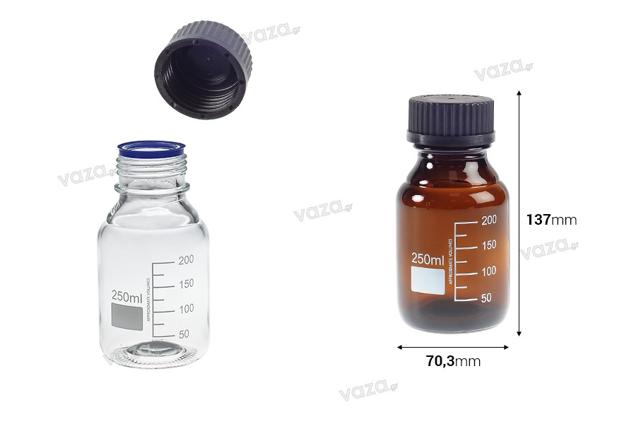 Sticlă gradată de 250 ml cu capac din plastic negru