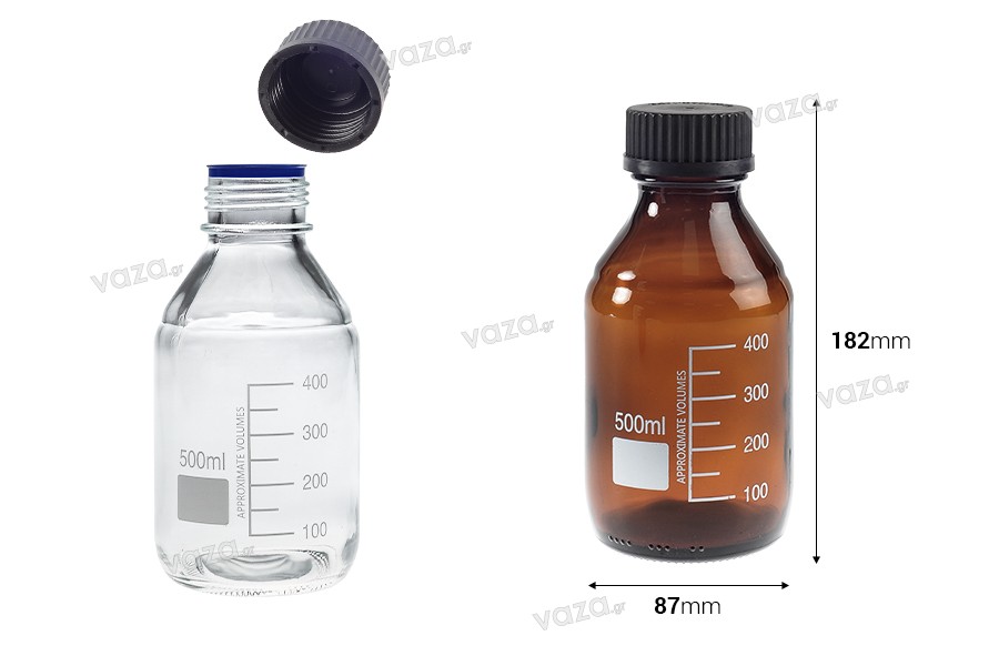 Γυάλινο μπουκάλι 500 ml με διαβάθμιση και μαύρο πλαστικό καπάκι