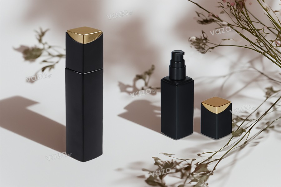 100 ml luxury glass bottle in black matte color with cream pump and special cap