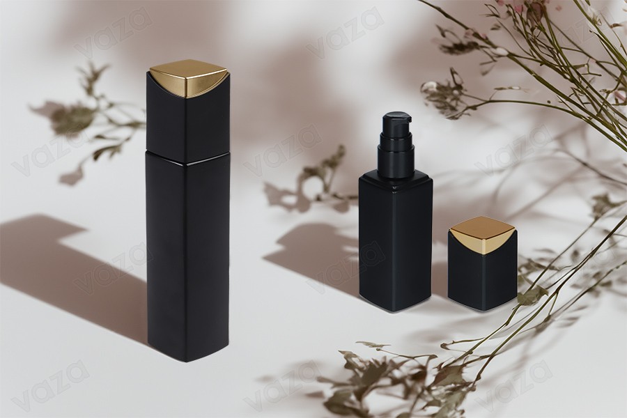 Lussuosa bottiglia in vetro da 100 ml di colore nero opaco con pompa per crema e tappo speciale Lussuosa bottiglia in vetro da 100 ml di colore nero opaco con pompa per crema e tappo speciale-gruppo_immagini