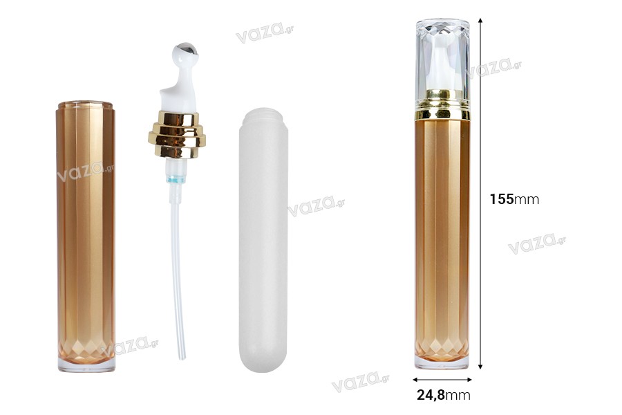 Acrylic bottle 20 ml for cosmetic use in brown color with roll-on pump and transparent cap - 6 pcs