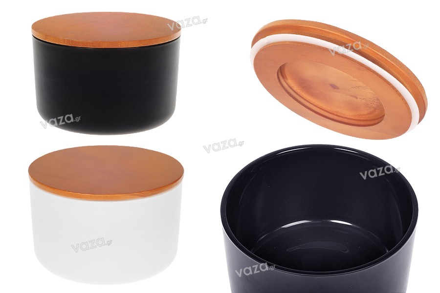 Glass jar 520 ml round for candles with wooden lid and rubber
