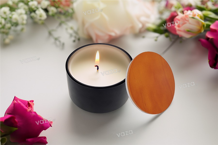 Glass jar 520 ml round for candles with wooden lid and rubber