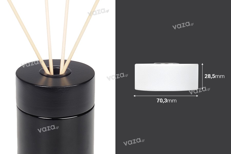 Round black or white wooden cap for PP28 room fragrance bottle with slot for sticks and cap