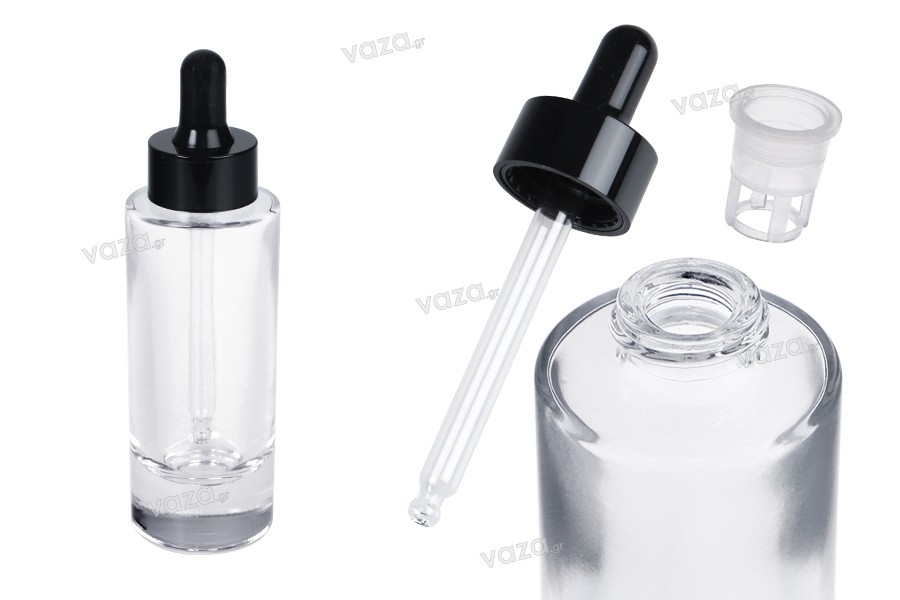 Glass clear bottle 38 ml with black dropper for serum and drainer