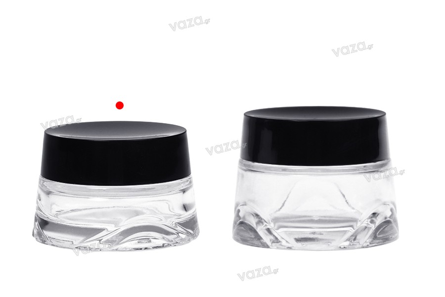 Clear glass jar 30 ml for cream with black plastic cap and plastic gasket