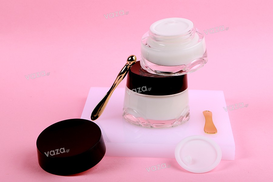Clear glass jar 30 ml for cream with black plastic cap and plastic gasket