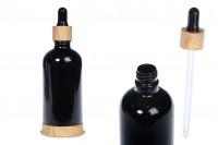 Flacon de sticlă de 100 ml neagră cu picurător din plastic și bază cu design din lemn
