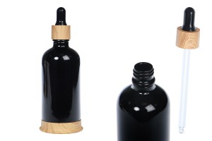 Shishe qelqi 100 ml e zezë me pikatore plastike dhe bazë në dizajn druri-produktbild