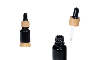 Shishe qelqi 10 ml e zezë me pikatore plastike dhe bazë në dizajn druri-produktbild