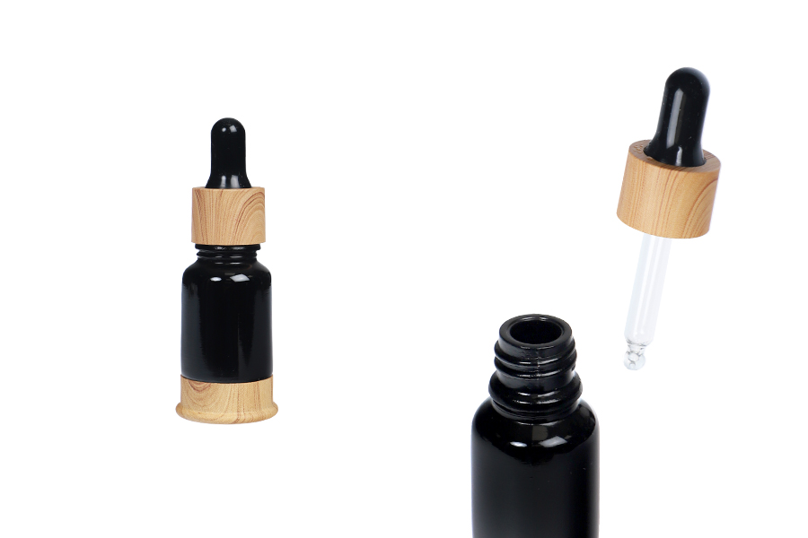 Shishe qelqi 10 ml e zezë me pikatore plastike dhe bazë në dizajn druri-produktbild