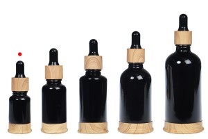 Shishe qelqi 10 ml e zezë me pikatore plastike dhe bazë në dizajn druri-bildgruppe