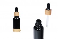 Glass bottle 20 ml black with plastic dropper and base in wood design