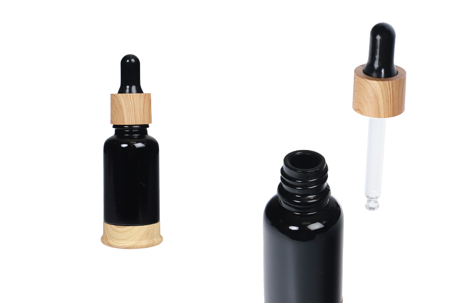 Shishe qelqi 20 ml e zezë me pikatore plastike dhe bazë në dizajn druri-imazh_produkt