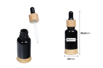 Shishe qelqi 20 ml e zezë me pikatore plastike dhe bazë në dizajn druri-imazh_dimensione