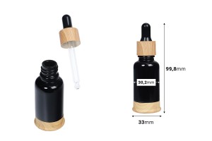 Shishe qelqi 20 ml e zezë me pikatore plastike dhe bazë në dizajn druri-imazh_dimensione