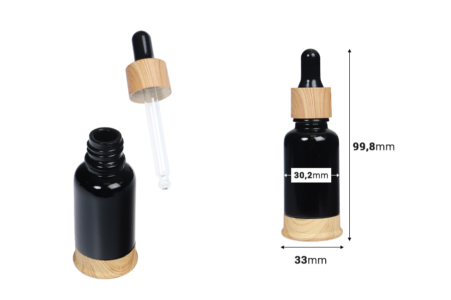 Shishe qelqi 20 ml e zezë me pikatore plastike dhe bazë në dizajn druri-imazh_dimensione