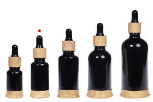 Shishe qelqi 20 ml e zezë me pikatore plastike dhe bazë në dizajn druri-imazh_grup