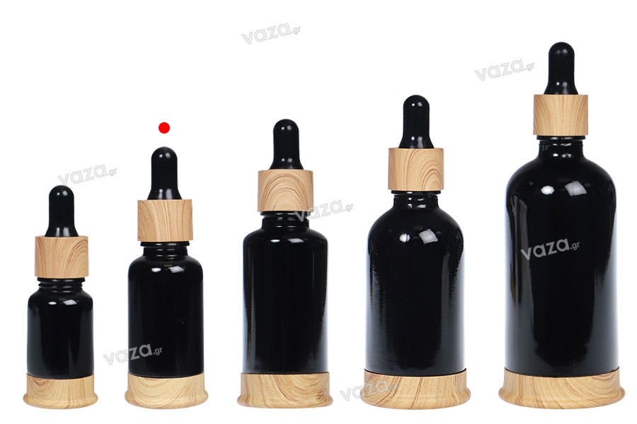 Glasflasche 20 ml schwarz mit Kunststofftropfer und Sockel im Holzdesign