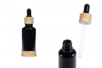 Glasflasche 30 ml schwarz mit Kunststofftropfer und Sockel im Holzdesign