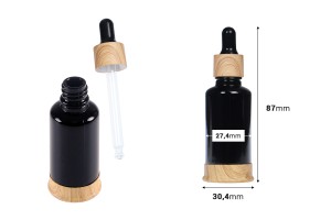 Flacon en verre 30 ml noir avec compte-gouttes en plastique et base en bois-εικόνα_διαστάσεις