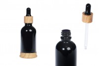 Glasflasche 50 ml schwarz mit Kunststofftropfer und Sockel im Holzdesign