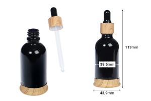 Flacon en verre 50 ml noir avec compte-gouttes en plastique et base en bois-εικόνα_διαστάσεις