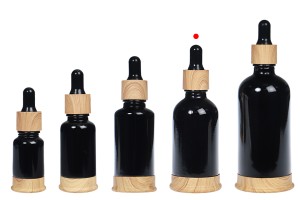 Flacon en verre 50 ml noir avec compte-gouttes en plastique et base en bois-εικόνα_σύνθεση
