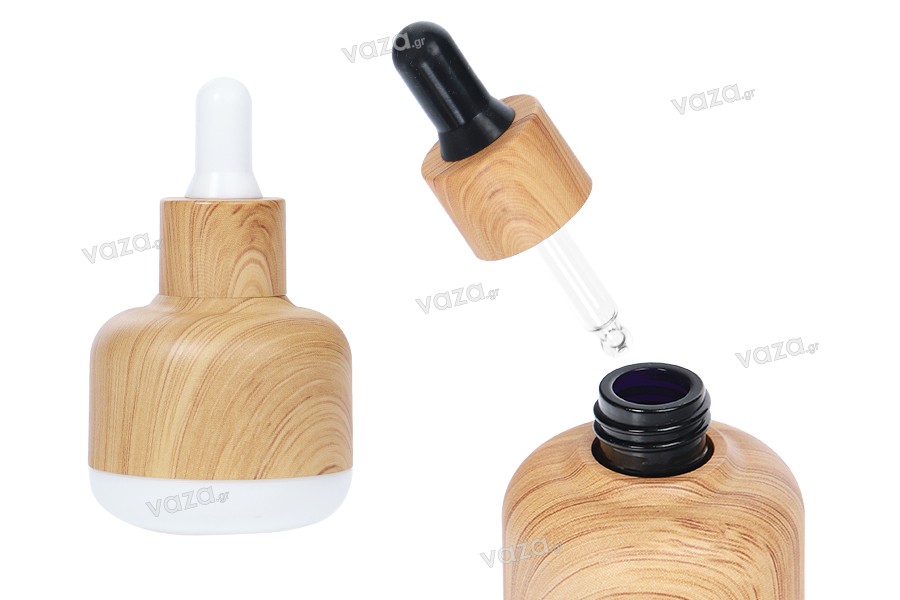 30 ml glass bottle with plastic coating and dropper in wood design