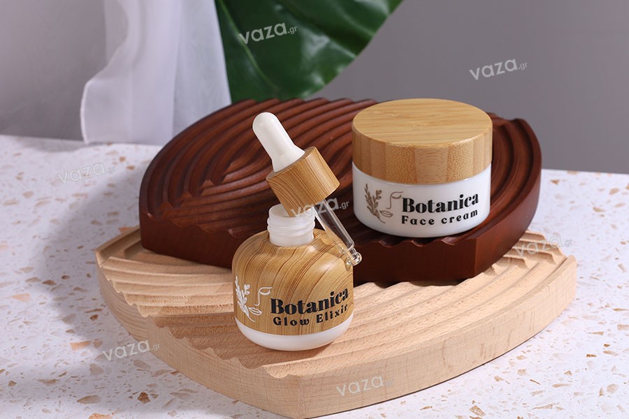 Μπουκαλάκι 30 ml γυάλινο με πλαστική επικάλυψη και σταγονομετρητή σε σχέδιο ξύλου