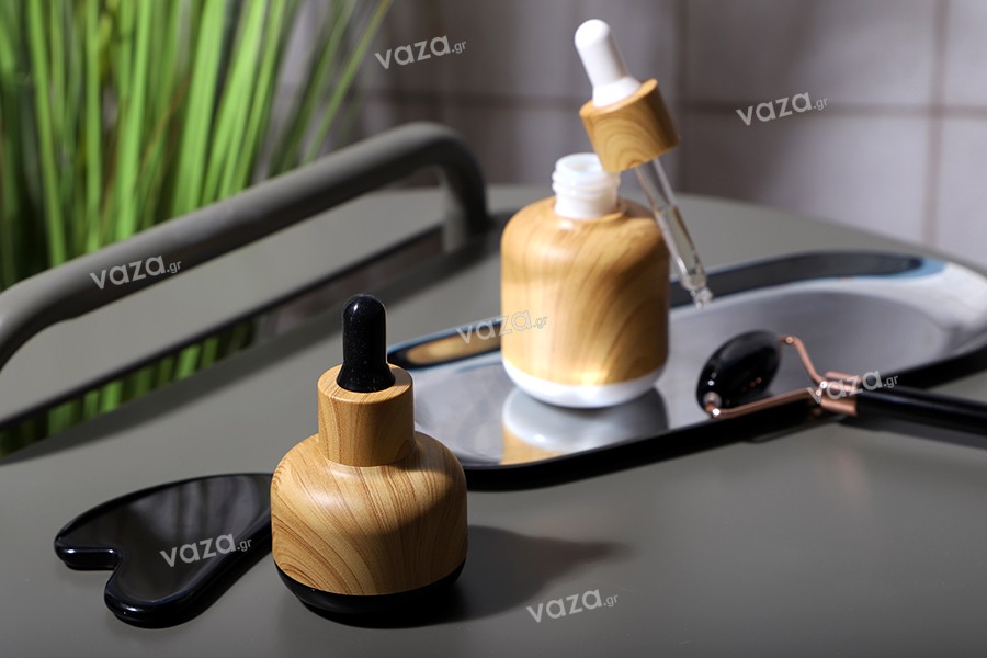 Μπουκαλάκι 50 ml γυάλινο με πλαστική επικάλυψη και σταγονομετρητή σε σχέδιο ξύλου