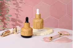 Μπουκαλάκι 50 ml γυάλινο με πλαστική επικάλυψη και σταγονομετρητή σε σχέδιο ξύλου