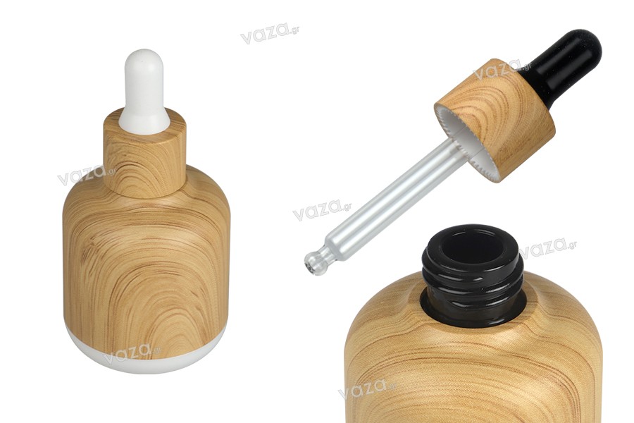 Μπουκαλάκι 50 ml γυάλινο με πλαστική επικάλυψη και σταγονομετρητή σε σχέδιο ξύλου