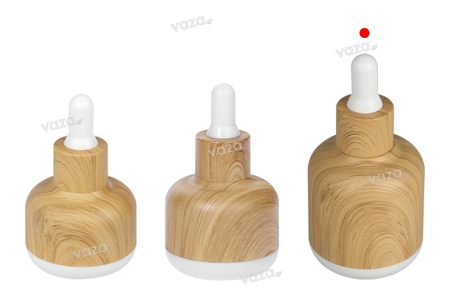 Μπουκαλάκι 50 ml γυάλινο με πλαστική επικάλυψη και σταγονομετρητή σε σχέδιο ξύλου
