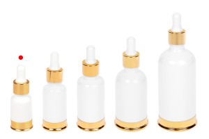 Shishe qelqi 10 ml e bardhë me pikatore plastike dhe bazë alumini të artë.-bildgruppe