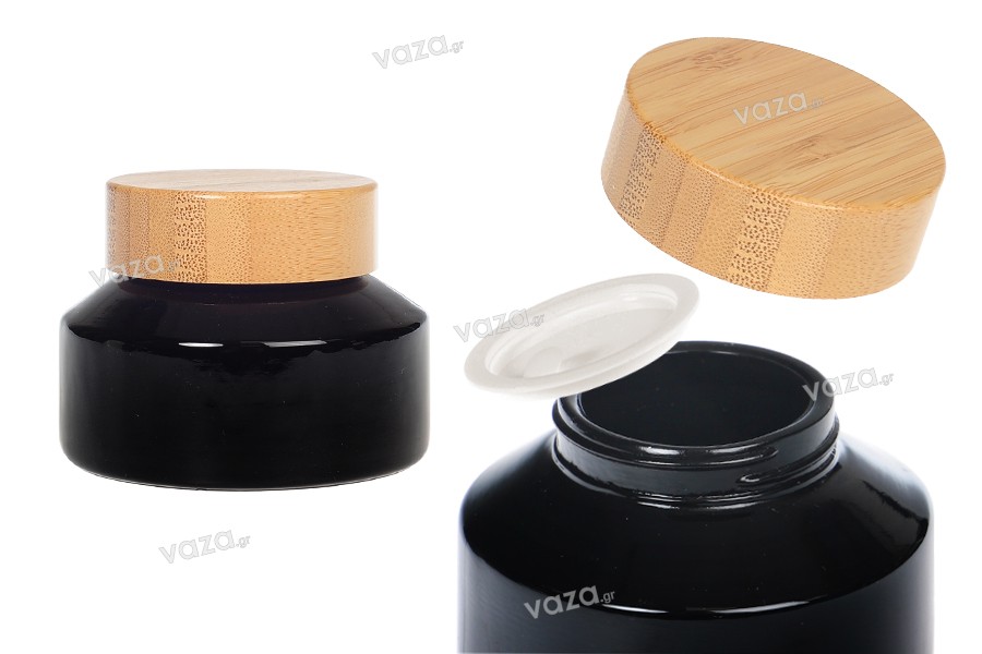 Borcan de sticla pentru crema de 100 ml de culoare neagra cu capac din bambus si sigiliu din plastic